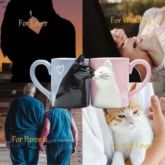 Kiss Cat Coffee Couple Mug Set, Unique Funny Tea Ceramic Cup Set